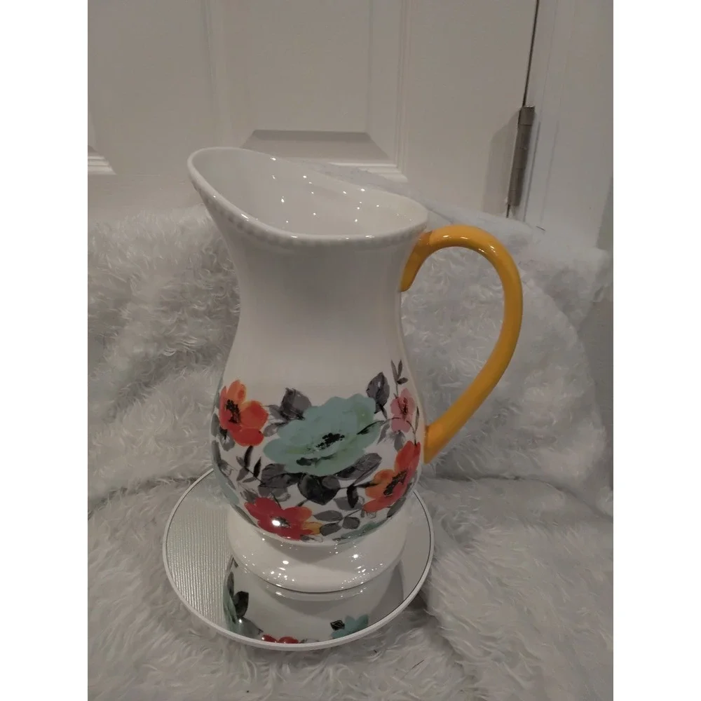 The‎ Pioneer Woman Floral Pitcher Yellow Handle White Ceramic Farmhouse Decor